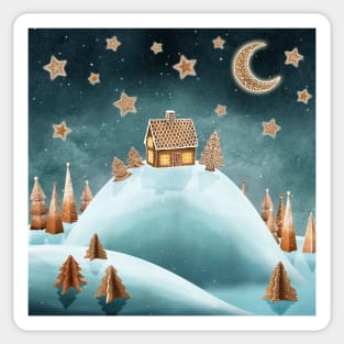 Gingerbread house, trees, on snow hills landscape, moon and stars watercolor illustration. Fantasy sweets world snow landscape. Moonlight magic candy world scenery. Sticker